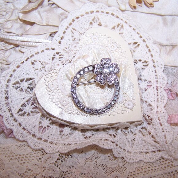 Sterling Silver Rhinestone Pin Brooch - Eternity Circle with Flower - Picture 1 of 8